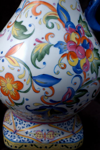 Large European Talavera Pottery Porcelain Ewer Hand painted brilliant colors