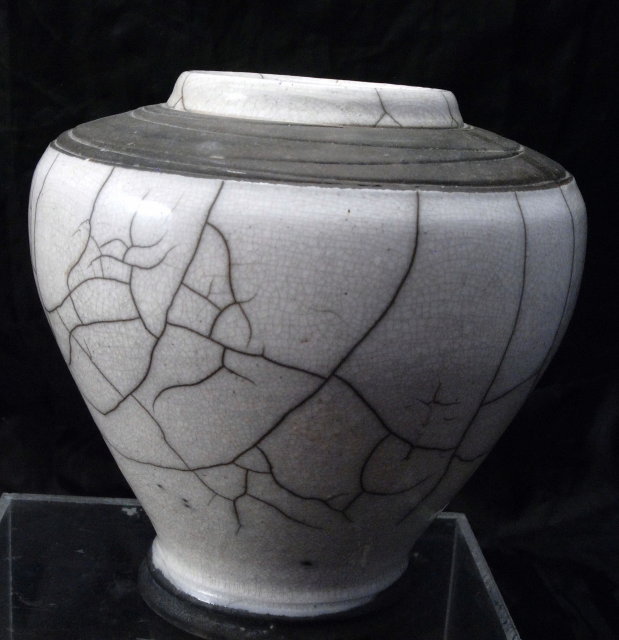 White Crackle Glaze on Charcoal Raku Pottery Vase, Signed Dated Hand Made Studio Art