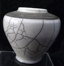 White Crackle Glaze on Charcoal Raku Pottery Vase, Signed Dated Hand Made Studio Art