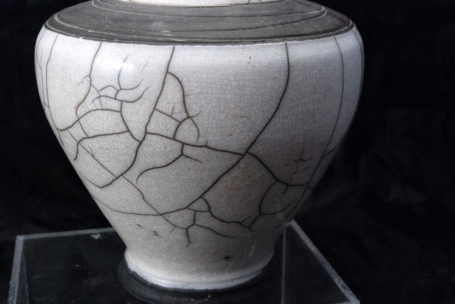White Crackle Glaze on Charcoal Raku Pottery Vase, Signed Dated Hand Made Studio Art