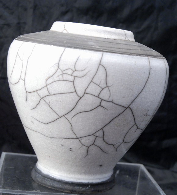 White Crackle Glaze on Charcoal Raku Pottery Vase, Signed Dated Hand Made Studio Art