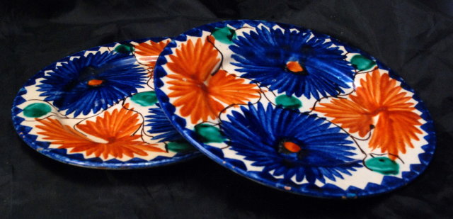 2 Very Old Mexican Pottery Plates, Hand painted Cobalt Blue & Orange Flowers
