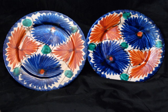 2 Very Old Mexican Pottery Plates, Hand painted Cobalt Blue & Orange Flowers