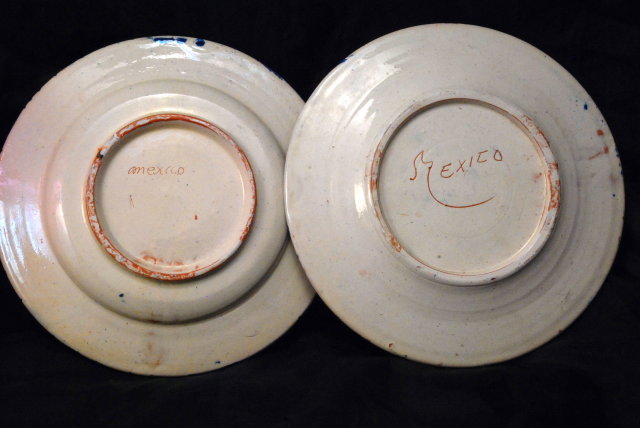 2 Very Old Mexican Pottery Plates, Hand painted Cobalt Blue & Orange Flowers