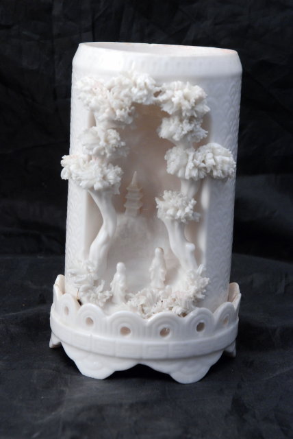 3d Relief Carved Pagoda Landscape Banko Porcelain Vase Japanese RARE