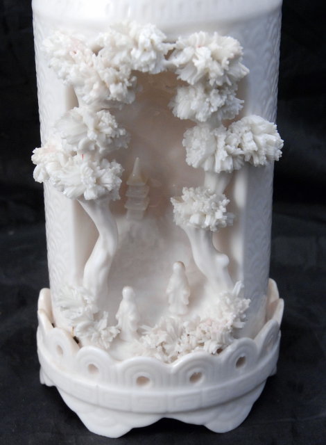 3d Relief Carved Pagoda Landscape Banko Porcelain Vase Japanese RARE