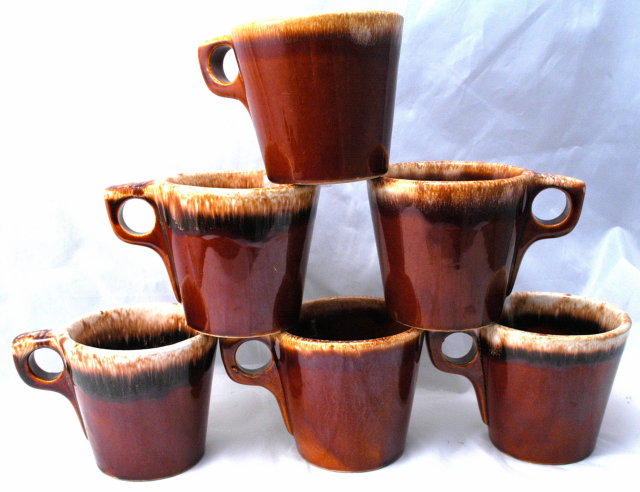 6 Hall Brown Pottery Foam Top Drip Glaze Oven Proof Mugs