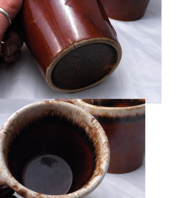 6 Hall Brown Pottery Foam Top Drip Glaze Oven Proof Mugs