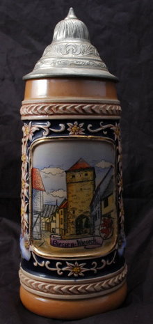 Old Porcelain German Beer Stein, with pewter lid: Giessen Wieseck Gate