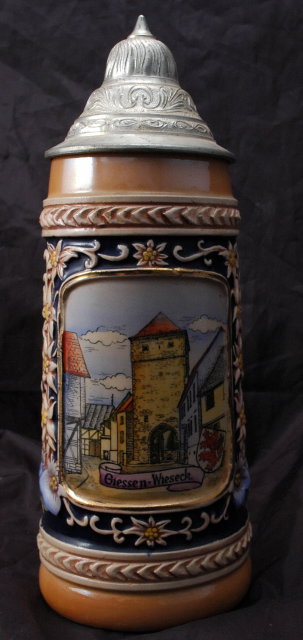 Old Porcelain German Beer Stein, with pewter lid: Giessen Wieseck Gate