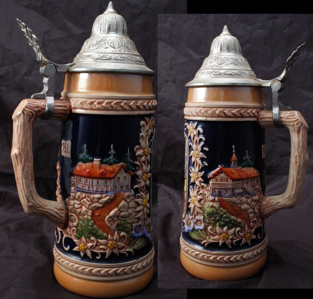 Old Porcelain German Beer Stein, with pewter lid: Giessen Wieseck Gate