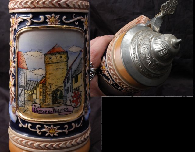 Old Porcelain German Beer Stein, with pewter lid: Giessen Wieseck Gate