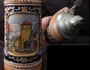 Old Porcelain German Beer Stein, with pewter lid: Giessen Wieseck Gate