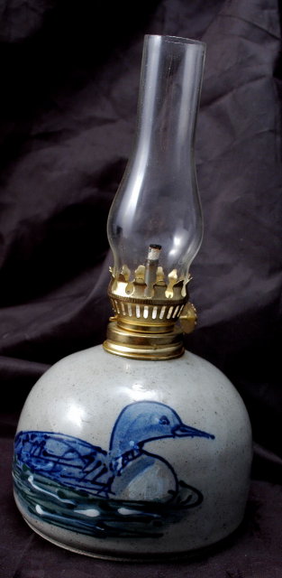Great Bay Pottery of North Hampton New Hampshire Hurricane Oil Lamp / Loon Design