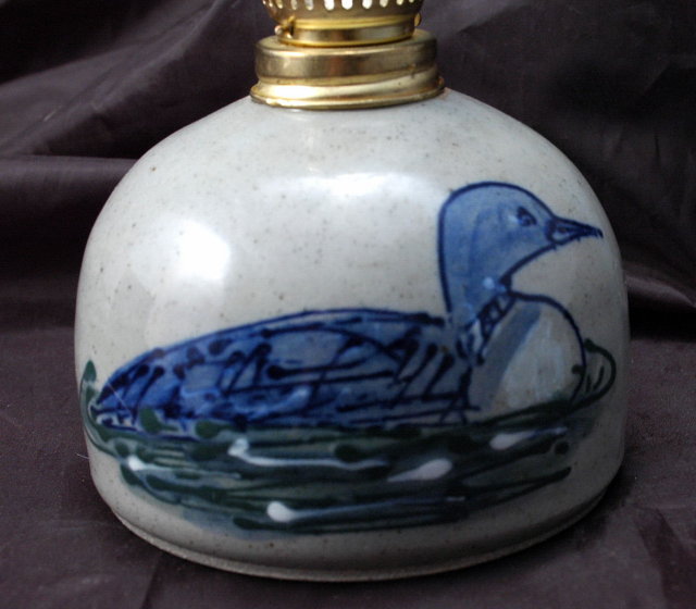 Great Bay Pottery of North Hampton New Hampshire Hurricane Oil Lamp / Loon Design