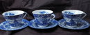 Set of 3 Blue and White Porcelain China Tea Cups, with Saucers Marked Made in Japan