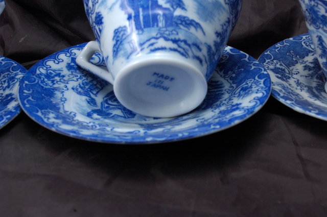 Set of 3 Blue and White Porcelain China Tea Cups, with Saucers Marked Made in Japan
