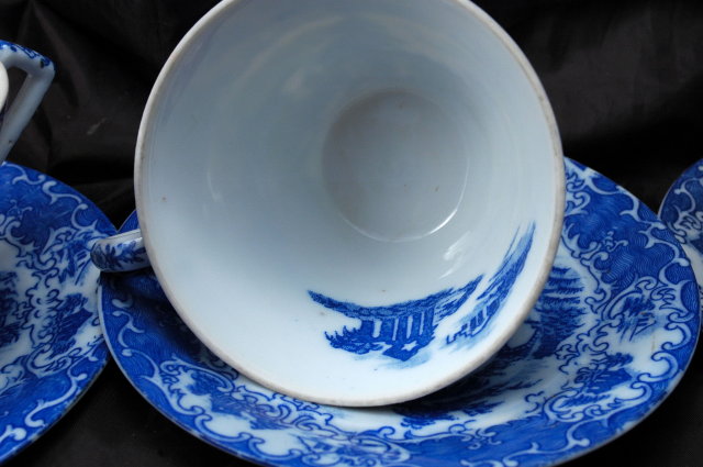 Set of 3 Blue and White Porcelain China Tea Cups, with Saucers Marked Made in Japan