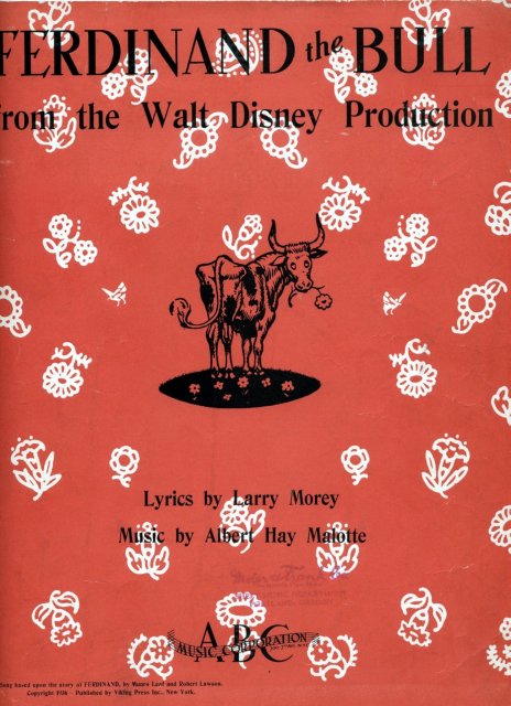 FERDINAND THE BULL 1938 DISNEY Sheet Music by Malotte RARE Vintage Sheet Music