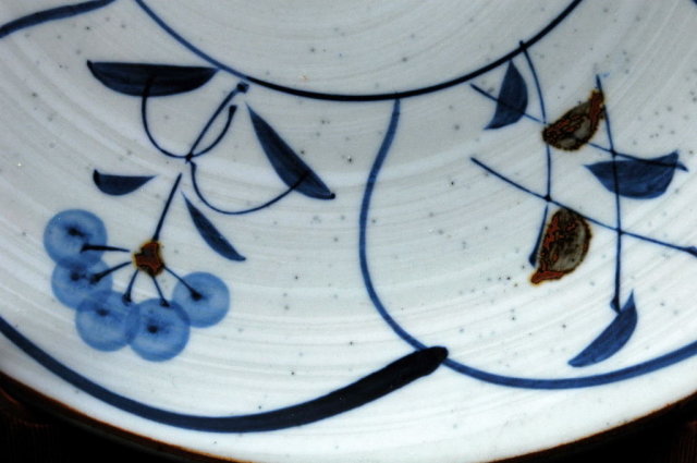 Japanese Stoneware Plate Blue Brown Decoration