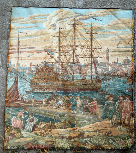 Classic Scene Tapestry Tall Mast Sailing Ship in a colonial harbor.
