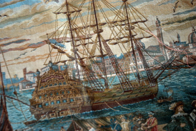 Classic Scene Tapestry Tall Mast Sailing Ship in a colonial harbor.