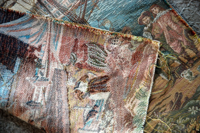 Classic Scene Tapestry Tall Mast Sailing Ship in a colonial harbor.