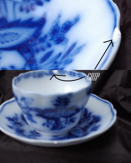 Meissen China Flow Blue Onion Pattern Tea Cup Saucer x 2