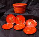 Vintage Japanese Lacquer-ware Wood Coaster with Container Cinnabar Black and Gold
