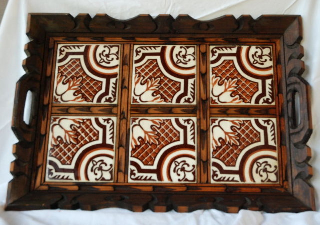 Old Mexican Folk Art Carved Wood & Spanish Tile Tray